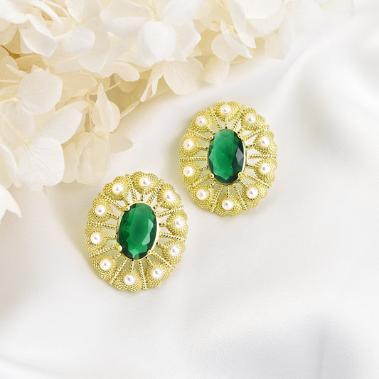 Fancy green peacock design on golden earrings
