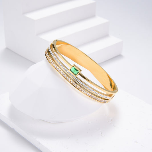 Emerald-cut 3-layer diamond-gold bangle