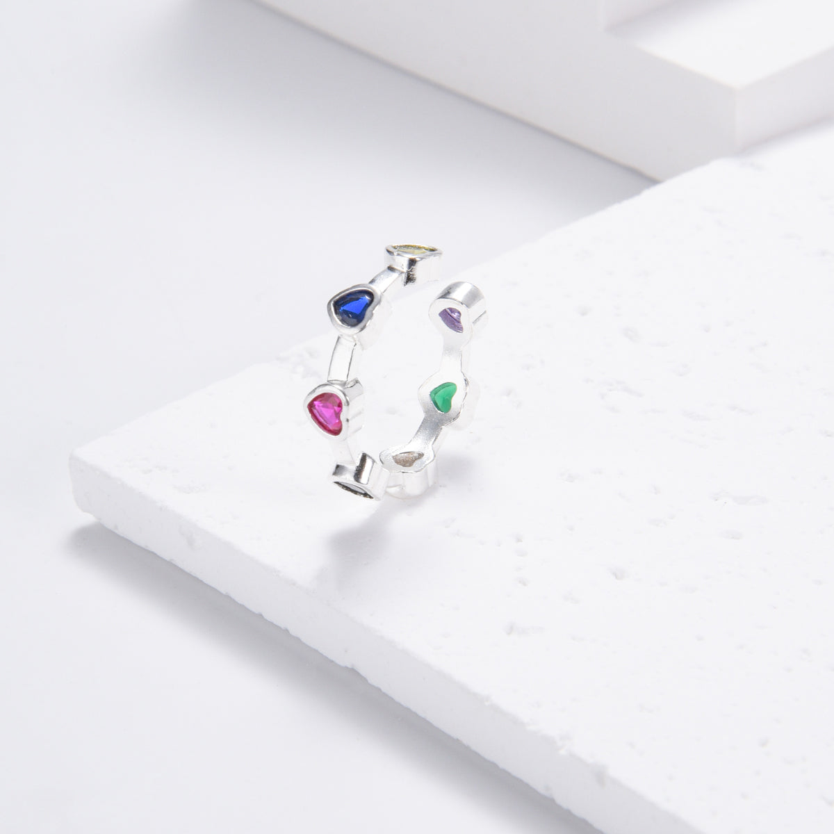 Adorable silver ring with multicolor heart shapes