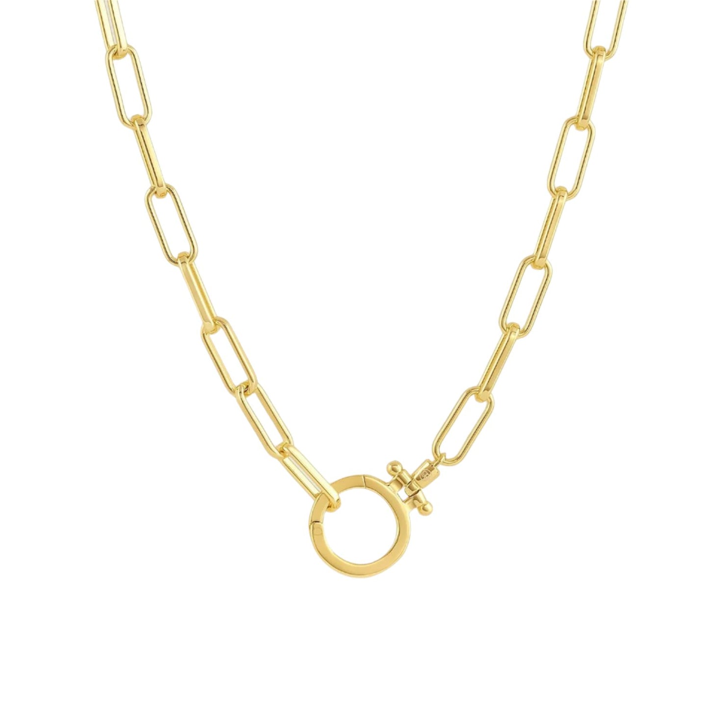 Golden Link Necklace with Rectangular Links and Circular Clasp: A Classic Accessory