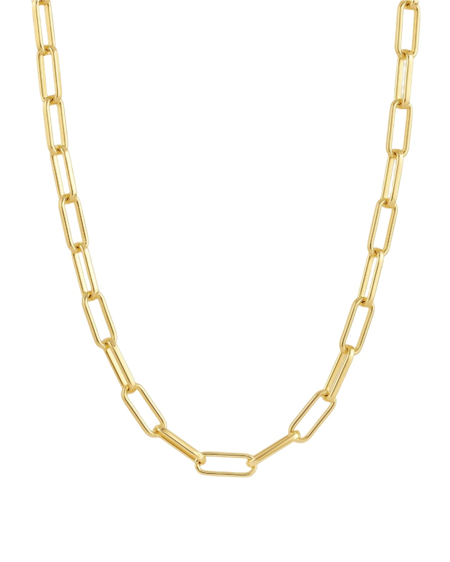 Golden Link Necklace with Rectangular Links and Circular Clasp: A Classic Accessory