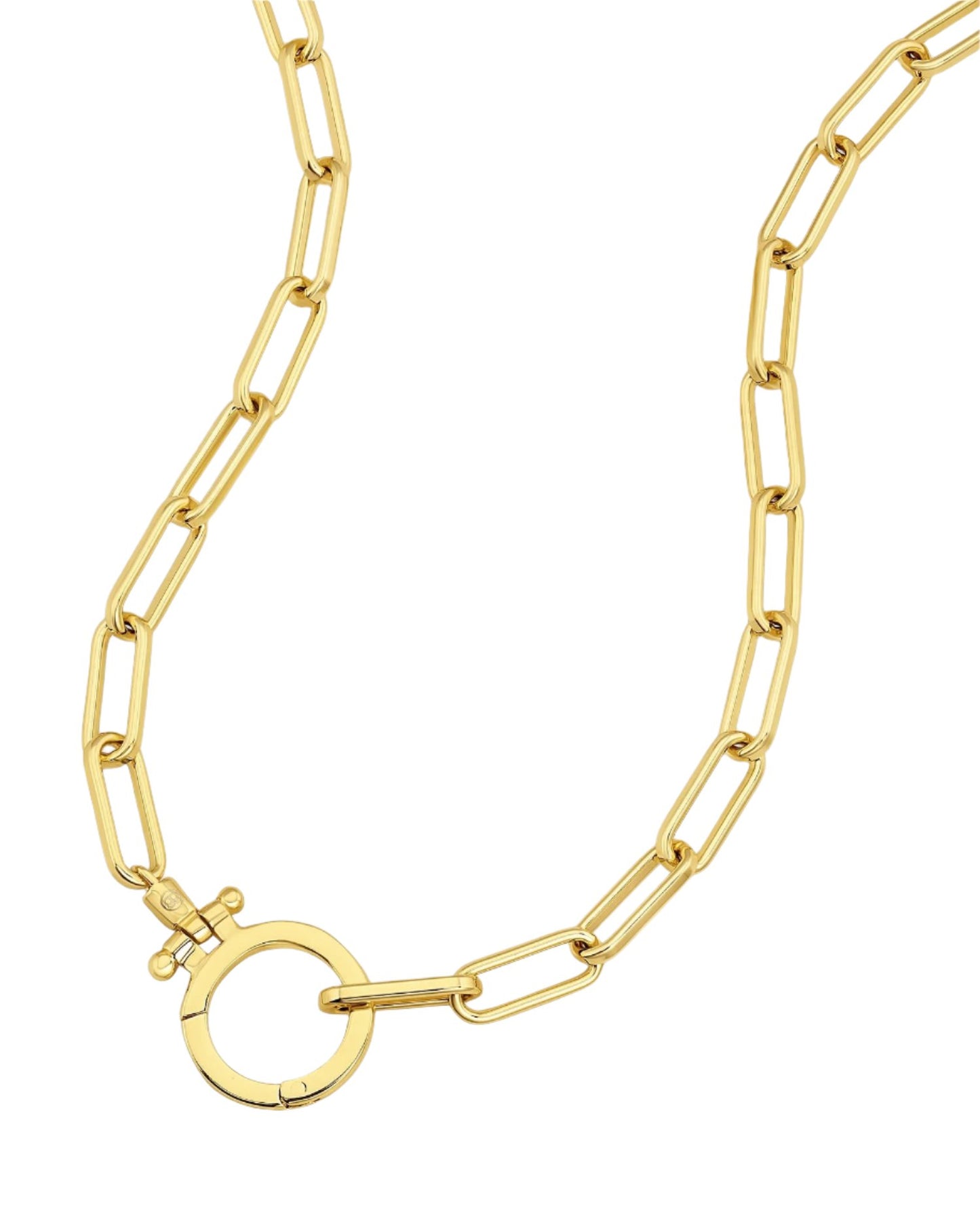 Golden Link Necklace with Rectangular Links and Circular Clasp: A Classic Accessory