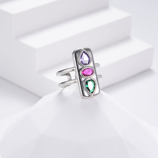 Vault double ring with three sparkling gemstones in pink purple and green