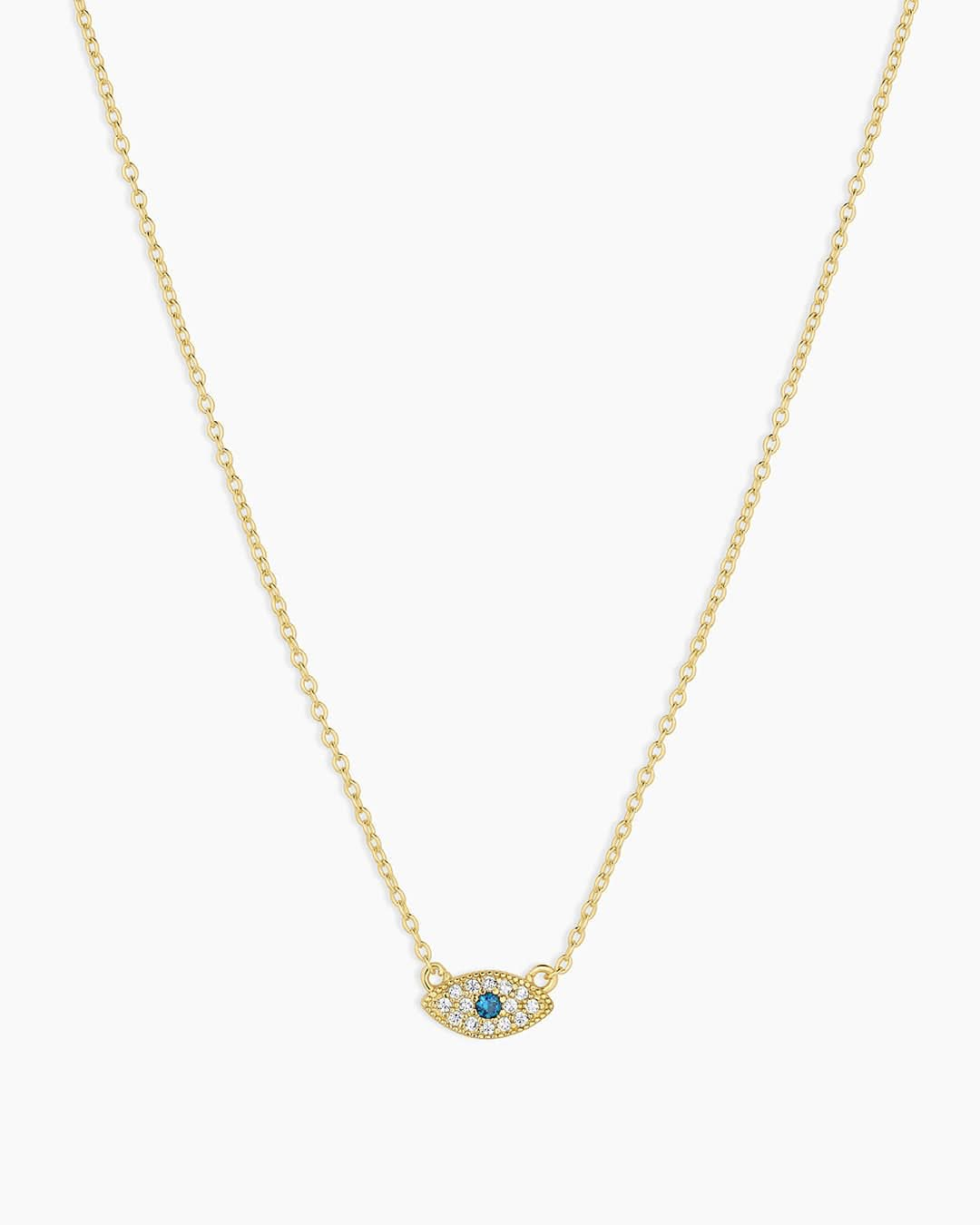 Golden Necklace with Evil Eye Pendant Adorned with Blue and White Gems ONNEA Jewelry