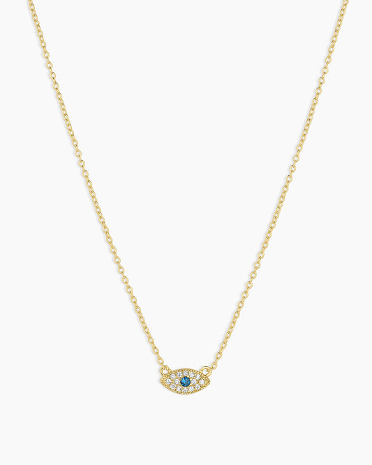 Golden Necklace with Evil Eye Pendant Adorned with Blue and White Gems