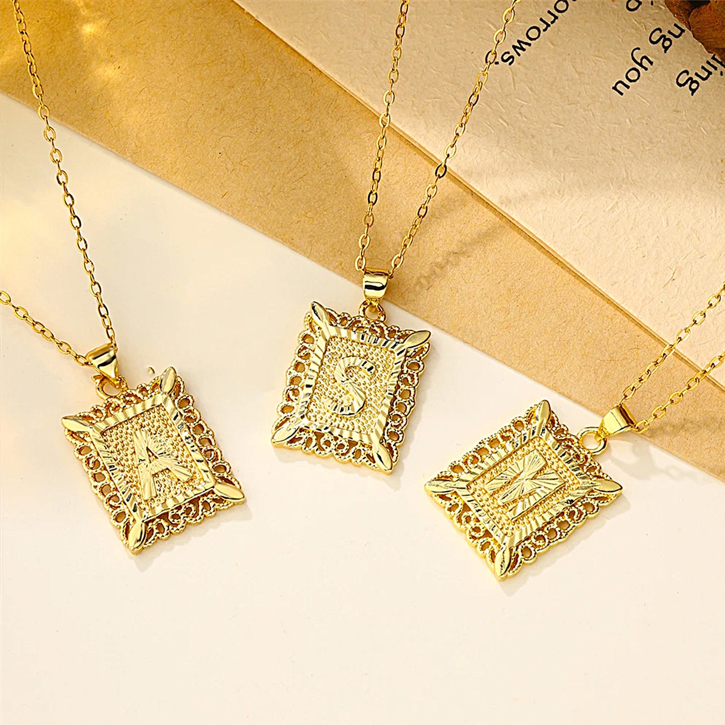 Golden Square Letter Necklaces with Exquisite Edging: A Touch of Elegance