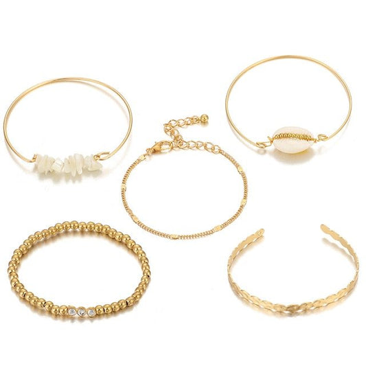 5-Piece Gold & White Stone Boho Shell Bracelet Set