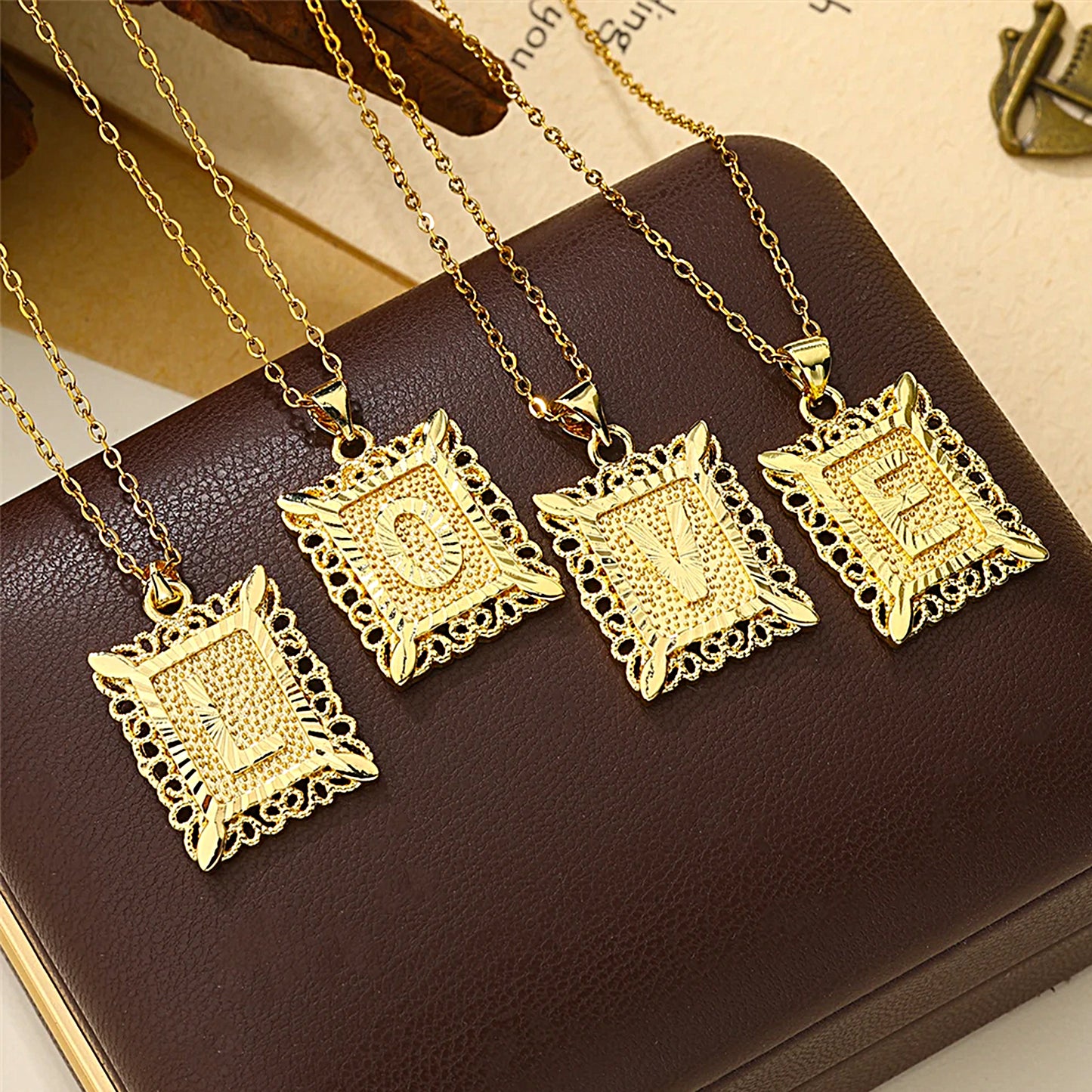 Golden Square Letter Necklaces with Exquisite Edging: A Touch of Elegance