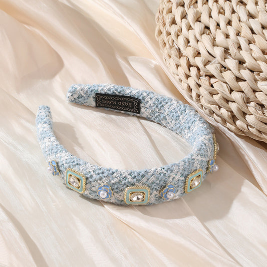 Baby Blue Handmade Jeweled headband Tweed Hairband for Women