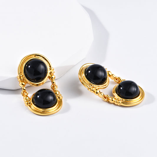 black stone douple earring copper plated with gold