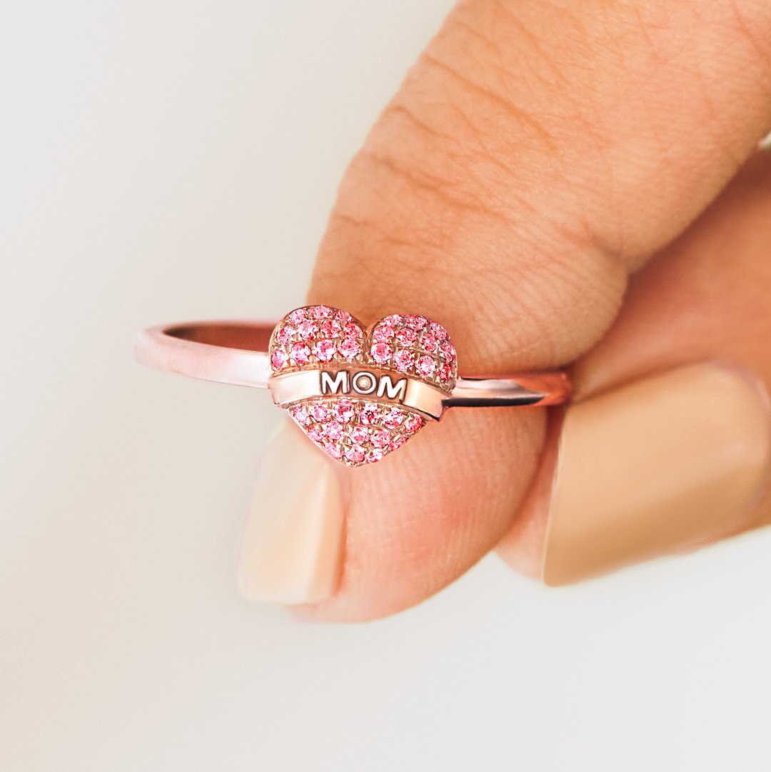 Being A Mom Is A Work Of Heart Pavé MOM Heart Ring