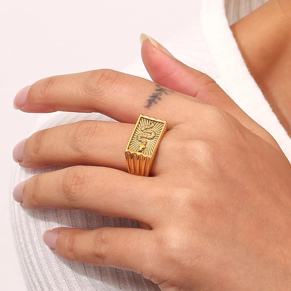 Snake Sunburst Rectangle Signet Ring