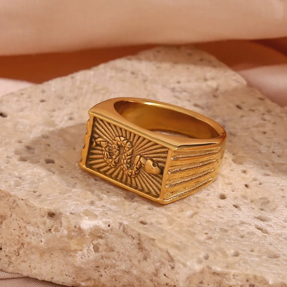 Snake Sunburst Rectangle Signet Ring