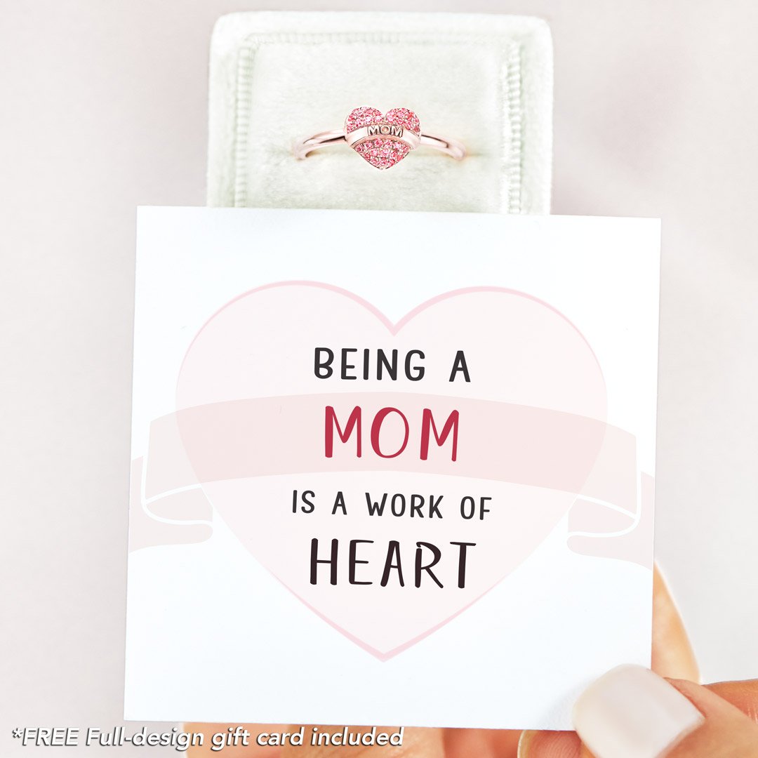 Being A Mom Is A Work Of Heart Pavé MOM Heart Ring